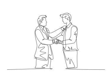 İş adamlarının iş ortağıyla tokalaşırken sürekli çizdiği tek çizgi. Harika bir takım çalışması. İş anlaşması ya da stratejik işbirliği kavramı. Dinamik bir çizgi çizer grafik tasarım vektörü çizer