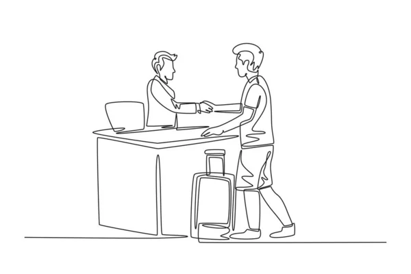 Linha Única Contínua Desenho Jovem Turista Handshaking Hotel Recepcionista Pedir — Vetor de Stock