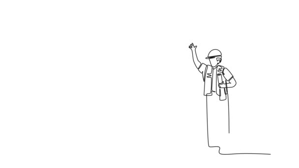 Анимированные Саморисование Непрерывной Линии Нарисовать Женщину Архитектор Строитель Носить Строительный — стоковое видео