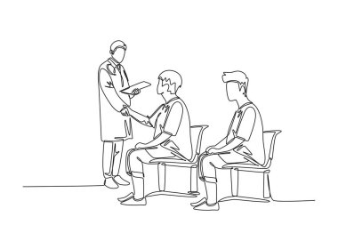 Hastanedeki hastaya durumunu sormak için tek sıra halinde genç doktorun el sıkışması. Sağlık kontrolü ya da sağlık hizmeti konsepti. Modern sürekli çizgi çizimi tasarım grafik vektör çizimi