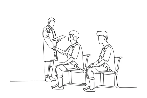 Одиночный Рисунок Рукопожатия Молодого Врача Больнице Спросить Состояние Медицинский Осмотр — стоковый вектор