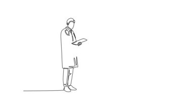 Sürekli kendini çizen animasyon, genç ve zeki doktorun hastaya şu anki durumunu sormak için elini sıktığını gösteriyor. Sağlık kontrolü ya da sağlık hizmeti konsepti. Tam uzunluktaki bir çizgi canlandırması