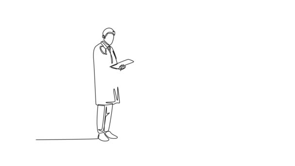 Dibujo Animado Línea Continua Dibujar Joven Médico Inteligente Apretón Manos — Vídeo de stock