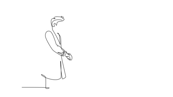 シングルラインの自己描画アニメーションは 若いスマートドクターが病院のベッドに横たわる患者を訪問し 彼の健康状態を尋ねるために握手する 連続した線引き 全長アニメーション — ストック動画