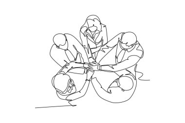 Genç iş adamlarının el ele tutuşmalarının kesintisiz tek bir çizgisi. Ofiste takım çalışması. Başarılı işçi dağıtım projesi. Dinamik bir çizgi çizer grafik tasarım vektörü çizer