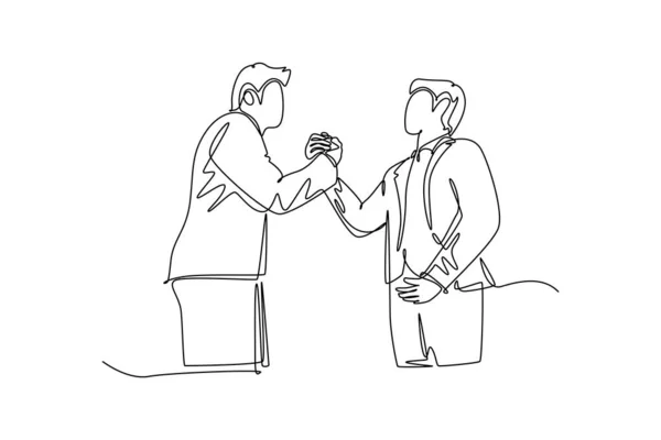 Single Continuous Line Drawing Young Business Man Handshake His Partner — Stock Vector