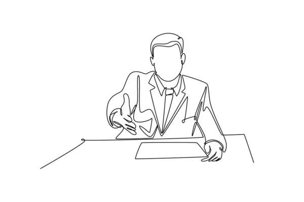 若い実業家を描いたシングルワンラインは オフィスの同僚に握手のジェスチャーを作ります ビジネスミーティングのコンセプト 成功した労働者 モダンな連続ラインドローデザイングラフィックベクターイラスト — ストックベクタ