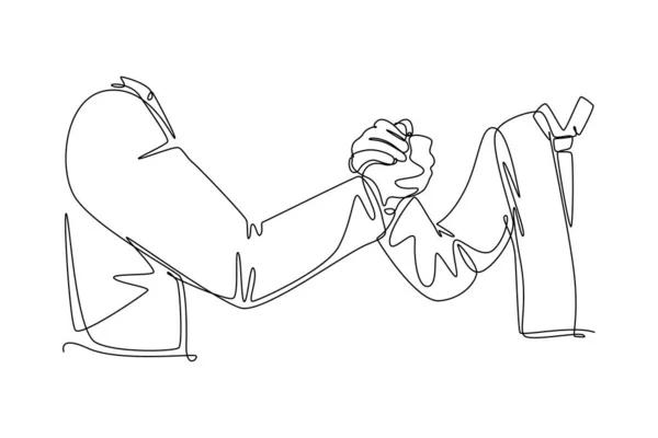 Одна Строчка Рисует Жест Счастливого Бизнесмена Пожимающего Руку Своему Партнеру — стоковый вектор