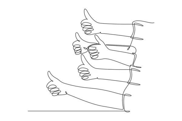 Μία Γραμμή Που Ζωγραφίζει Χαρούμενους Ανθρώπους Σηκώνουν Χέρια Τους Αντίχειρες — Διανυσματικό Αρχείο