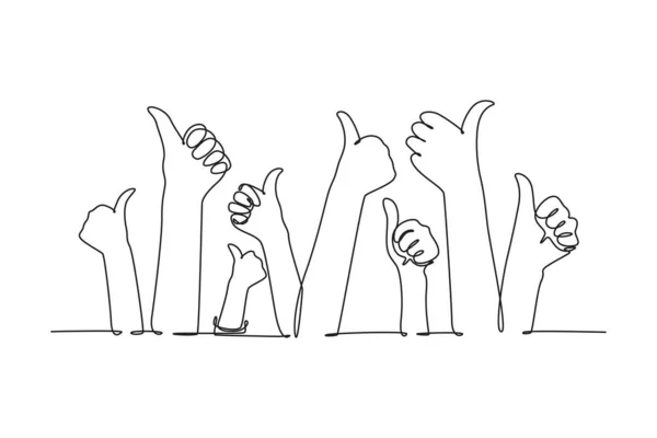 Μία Γραμμή Που Ζωγραφίζει Τους Ανθρώπους Σηκώνουν Χέρια Τον Αντίχειρα — Διανυσματικό Αρχείο