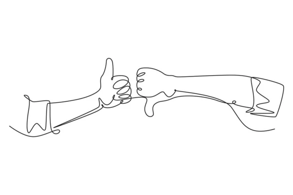 单行画年轻的男性手臂手 大姆指向上 大姆指向下手势 好的和坏的符号图标模板概念 现代连续线条绘图设计图形矢量插图 — 图库矢量图片