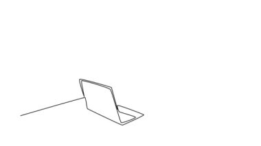 Sürekli çizim yapan iş adamının hareketlerini, ofis sandalyesine oturmasını ve bilgisayarı açıp çalışmaya başlamasını gösteren animasyon çizimleri. İşletme. Tam uzunluktaki bir çizgi canlandırması