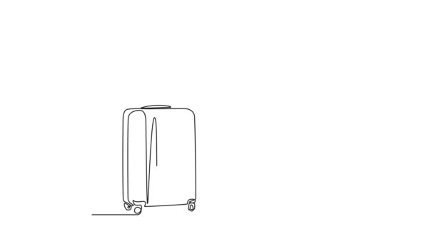 动画自绘的连续线条吸引着年轻快乐的商人在机场打开笔记本电脑时抛出大拇指手势 商务旅行 单行动画全长 — 图库视频影像