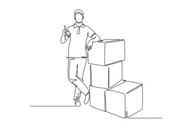 Genç mutlu teslimatçıyı yukarı kaldırırken ve karton paketleri müşteriye teslim ederken çekmeye devam eden bir satır. Teslimat işi. Tek çizgi çizimi tasarım vektörü grafik çizimi