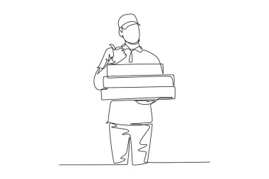 Sürekli çizilen mutlu teslimatçı çizimleri müşteriye karton paketleri kaldırırken başparmak kaldırıyor. Teslimat işi. Tek çizgi tasarım vektör grafik çizimi