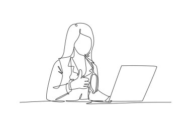 Tek sıra halinde, genç mutlu doktor kadın bilgisayarını açıp tıbbi kayıtları hazırlıyor ve olumlu bir jest yapıyor. Sağlık hizmeti konsepti. Bir çizgi çizimi grafik tasarım vektör çizimi