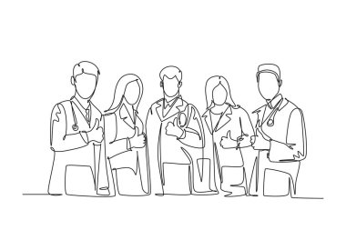 Tek sıra halinde, hastanedeki en iyi sağlık hizmeti için onay veren zeki genç doktorlardan oluşan gruplar çiziyor. Tıbbi ekip çalışması. Bir çizgi çizimi grafik tasarım vektör çizimi