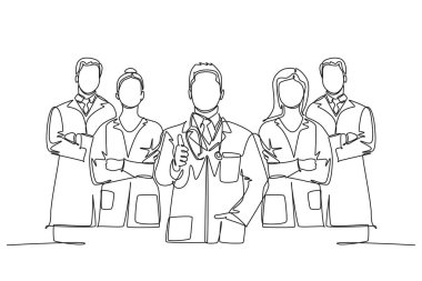 Hizmet mükemmelliği sembolü olarak genç mutlu erkek ve kadın doktorlardan oluşan tek bir çizgi. Tıbbi ekip çalışması. Aralıksız çizgi çizimi tasarım grafik vektör çizimi