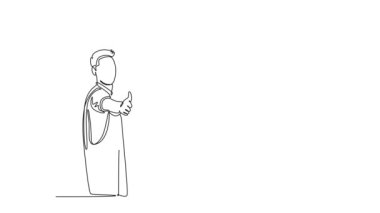 Sürekli çizgi çizen animasyonlu kadın ve erkek hademe grupları baş parmak işareti yapıyor. Temizlik servisi takım çalışması ve başarılı iş konsepti. Tam uzunluktaki tek çizgi canlandırması