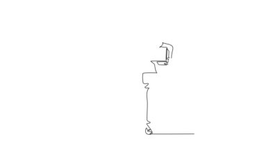 Sürekli çizilen çizimin animasyonlu çizimi. Genç teslimatçı, yukarı kaldırırken baş parmağını kaldırıyor ve müşteriye karton paketleri teslim ediyor. Teslimat servisi. Tam uzunluktaki tek çizgi canlandırması