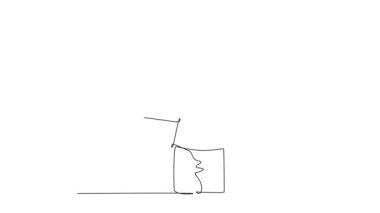 Sürekli çizilen çizgilerin animasyonu genç mutlu teslimatçıyı yukarı kaldırırken baş parmağını kaldırır ve karton kutuyu kostümcüye teslim eder. Teslimat servisi. Tam uzunluktaki bir çizgi canlandırması
