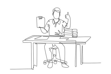 Genç ve mutlu iş adamlarının çizdiği tek sıra iş sözleşmesi içeren pano ve iyi niyet göstergesi. İş anlaşması konsepti. Bir çizgi çizimi grafik tasarım vektör çizimi