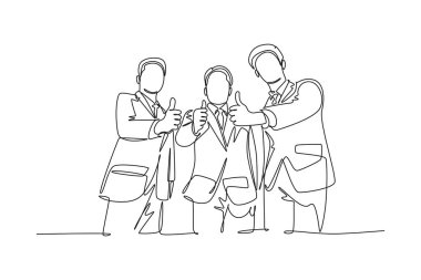 Tek sıra halinde toplandıktan sonra takım elbiseli genç işadamlarını bir araya getirip baş parmak işareti yapıyorlar. İş sahibi takım çalışması. Bir çizgi çizimi grafik tasarım vektör çizimi