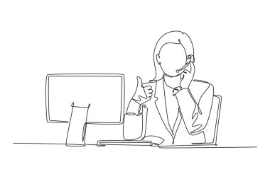Bir satırda genç bir çağrı merkezi çalışanının bilgisayarın önünde oturup müşterinin telefonuna cevap vermesi. Müşteri hizmetleri. Aralıksız çizgi çizimi tasarım grafik vektör çizimi