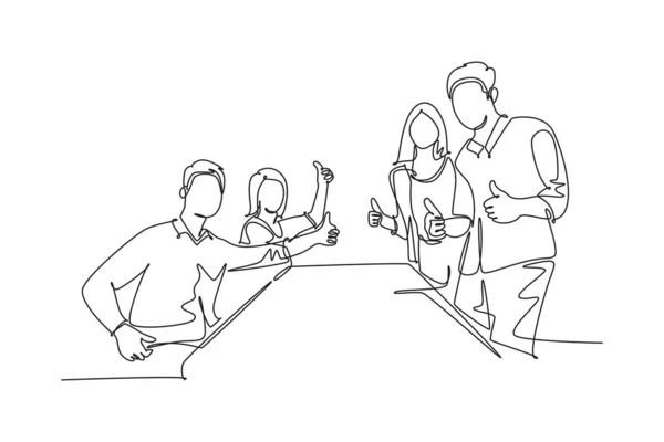 Непрерывная Линия Рисует Группу Молодых Счастливых Бизнесменов Бизнесвумен Которые Делают — стоковый вектор