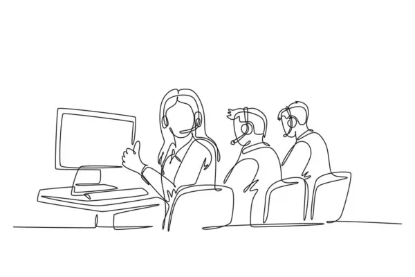 男性と女性のコールセンター労働者の単一の連続的なライン描画グループは 親指を上げてコンピュータの前に座っています カスタマーサービス事業 1行のグラフィックデザインベクターイラスト — ストックベクタ