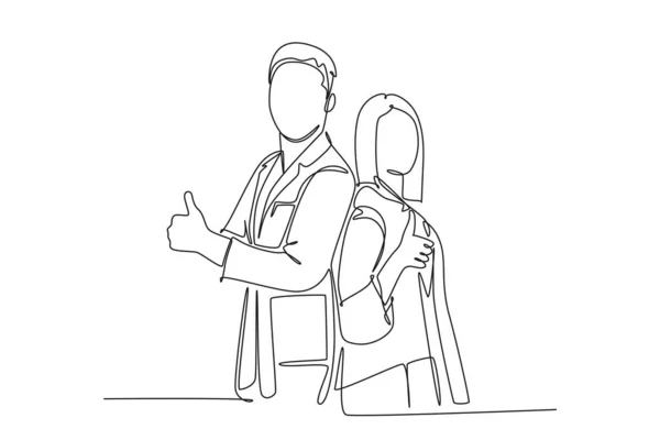 シングル連続ライン 若い幸せな夫婦を描く 男性と女性の医師 一緒に立って ジェスチャーを親指を与えます 医療チームワーク 1行描画グラフィックデザインベクターイラスト — ストックベクタ