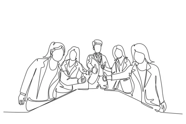 Tek sıra halinde, mutlu iş adamları ve iş kadınlarından oluşan genç bir grup bir arada duruyor ve başparmak işareti yapıyorlar. İş toplantısı. Bir çizgi çizimi grafik tasarım vektör çizimi