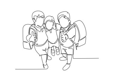 Okul çantası taşıyan ve baş parmak işareti yapan mutlu erkek ve kız ilkokul öğrencilerinden oluşan tek sıra halinde. Çocuk eğitimi. Bir çizgi çizimi grafik tasarım vektör çizimi