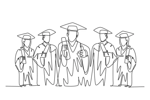 连续一行画的快乐毕业生男女大学生身穿长袍 持有毕业证书论文 单行绘图设计矢量图形说明 — 图库矢量图片