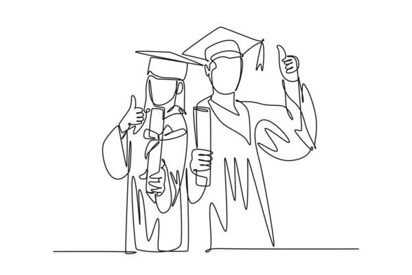 单行连续画 年轻快乐男女学生穿着毕业设计制服 持有毕业设计证书 单行绘图图形设计矢量插图 — 图库矢量图片
