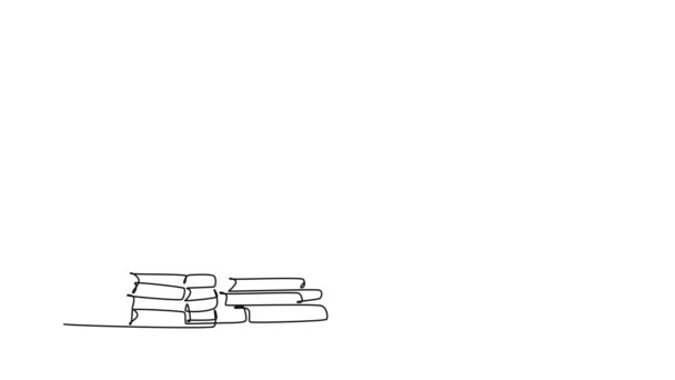 动漫自绘的连续线条画着年轻快乐的小学女生把成堆的书装进书包里 用大拇指举手表决 儿童教育 单行动画全长 — 图库视频影像