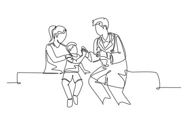 Tek sıra halinde, genç ve mutlu bir erkek doktor hasta çocuğu kontrol ediyor ve beşlik çakıyor. Hastane konseptinde sağlık hizmeti. Aralıksız çizgi çizimi tasarım grafik vektör çizimi