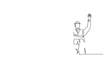 Tek çizgili animasyon. İnşaat işçisi ve ustabaşı binayı birlikte inşa etmelerini kutluyor. İnşaat konsepti. Devamlı bir çizgi. Tam uzunluk canlandırması
