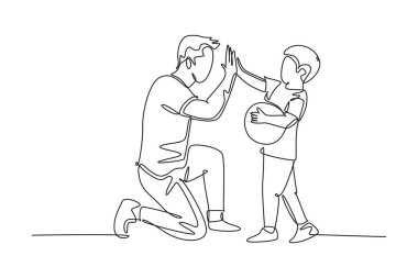 Genç mutlu babayı kendine doğru çeken bir çizgi, çekici küçük oğluna beşlik çakıyor. Aile bakımı konsepti. Tek çizgi çizimi tasarım vektörü grafik çizimi