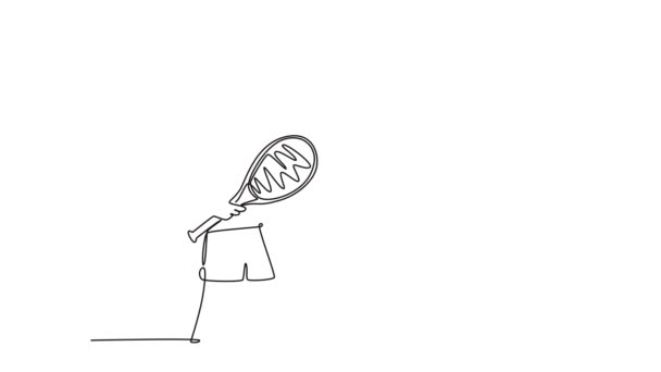라인의 애니메이션 그림은 코트에서 테니스를 재생하고 제스처를주는 남성과 그리기 개념입니다 — 비디오