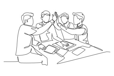 Genç iş adamları ve iş kadınlarının iş toplantısındaki başarılı hedeflerini beşlik bir hareketle kutladıkları tek sıra çizimi. Bir çizgi çizimi grafik tasarım vektör çizimi