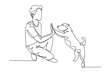Saha dışındaki parkta yavru köpeğine beşlik çakan mutlu gencin tek sıra çizimi. Hayvan bakımı ve arkadaşlık kavramı. Dinamik bir çizgi çizer grafik tasarım vektörü çizer