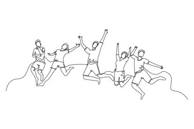 Tatillerini kutlamak için birlikte atlayan genç erkek ve dişilerden oluşan tek sıra halinde. Seyahat konsepti. Dinamik bir çizgi çizer grafik tasarım vektörü çizer