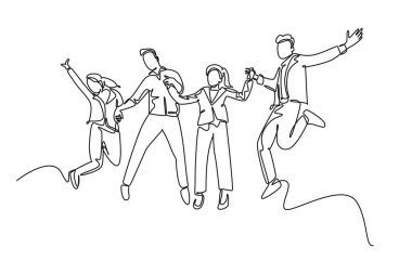 Tek sıra halinde genç ve mutlu iş adamı ve iş kadını başarılı takım işlerini kutlamak için atlıyor. İş anlaşması konsepti. Bir çizgi çizimi grafik tasarım vektör çizimi