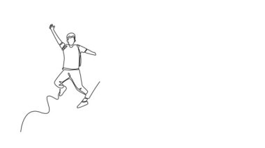 Sınav sonuçlarını kutlamak için atlayan genç, mutlu, erkek ve bayan üniversite öğrencilerinin kendi kendine çizdiği animasyon. Eğitim kutlaması. Devamlı bir çizgi. Tam uzunluk canlandırması