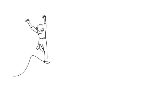 Саморисование Анимации Одиночной Линии Рисования Заднего Вида Группы Молодых Счастливых — стоковое видео