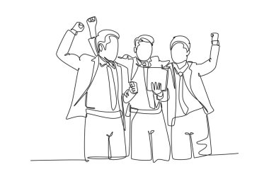Genç girişimcilerin ve CEO 'ların başarılarının yatırımcı konseptinden elde ettikleri fonları kutlamak için tek sıra halinde yumruklarını havaya kaldırdılar. Bir çizgi çizimi grafik tasarım vektör çizimi