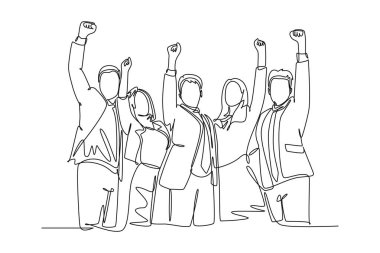 Tek sıra halinde, erkek menajer ve kadın yöneticilerden oluşan bir grup başarılarını kutluyor ve iş hedefine ulaşıyorlar. Takım çalışması hedef konsepti. Bir çizgi çizimi grafik tasarım vektör çizimi