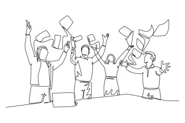 Genç erkek ve kadın borsacıları çeken tek çizgi borsada kazandıkları başarıyı kutluyor. Borsa iş konsepti. Modern sürekli çizgi tasarımı grafik vektör çizimi