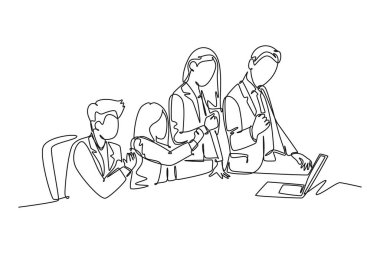 Tek sıra halinde genç ve mutlu iş adamı ve iş kadını yeni bir iş sözleşmesi için başarılarını kutluyorlar. İş toplantısı. Aralıksız çizgi çizimi tasarım grafik vektör çizimi